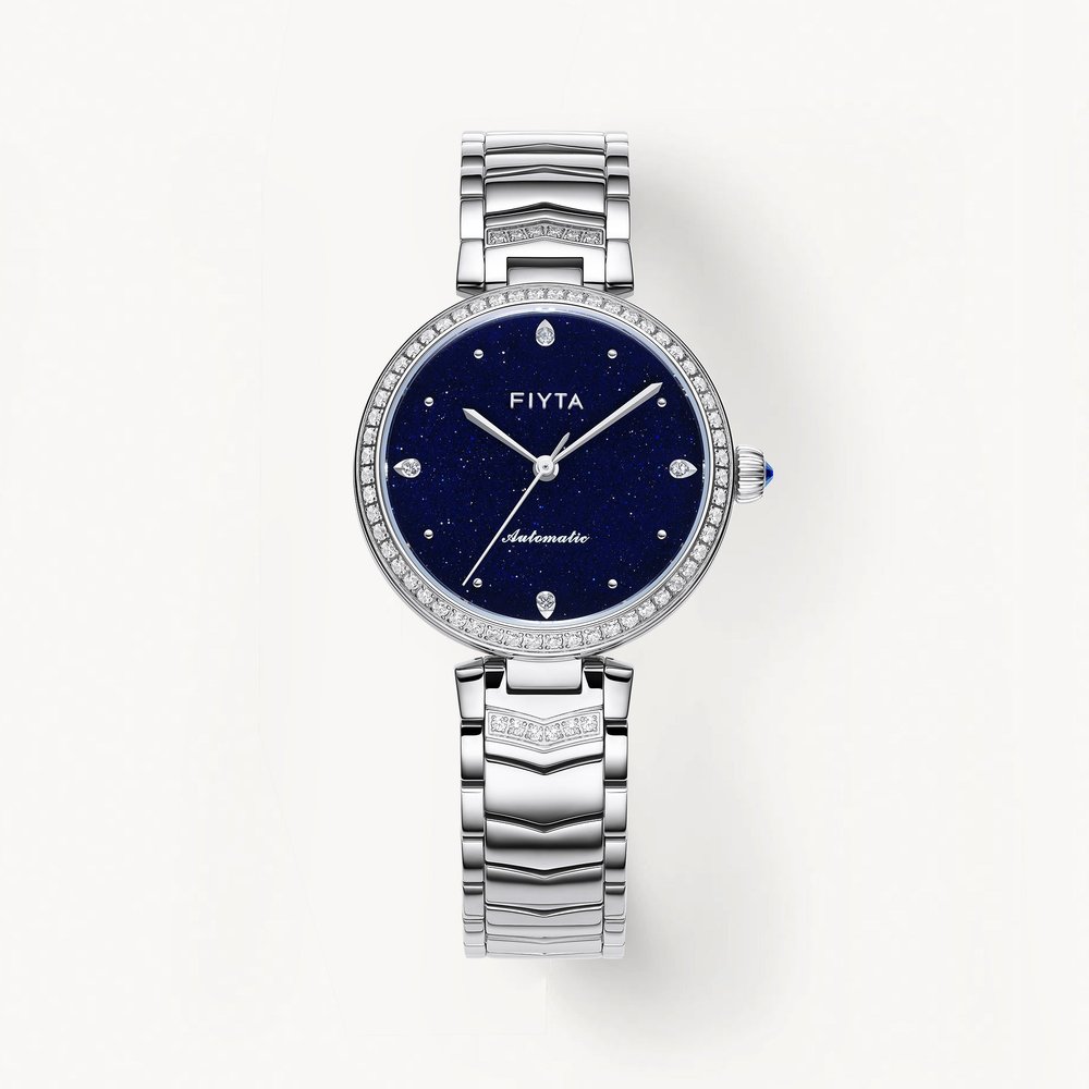 Fiyta Klover — Ladies Diamond Automatic Pearl Skeleton (Blue Leather)